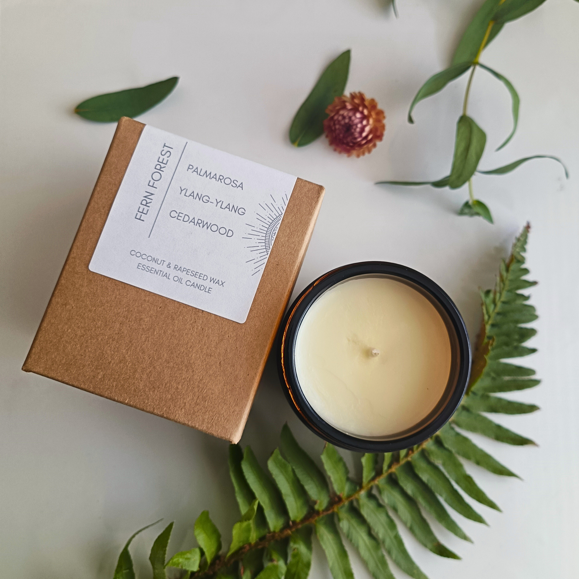 A packaged Fern Forest essential oil candle in a brown kraft box next to an open amber glass candle jar
