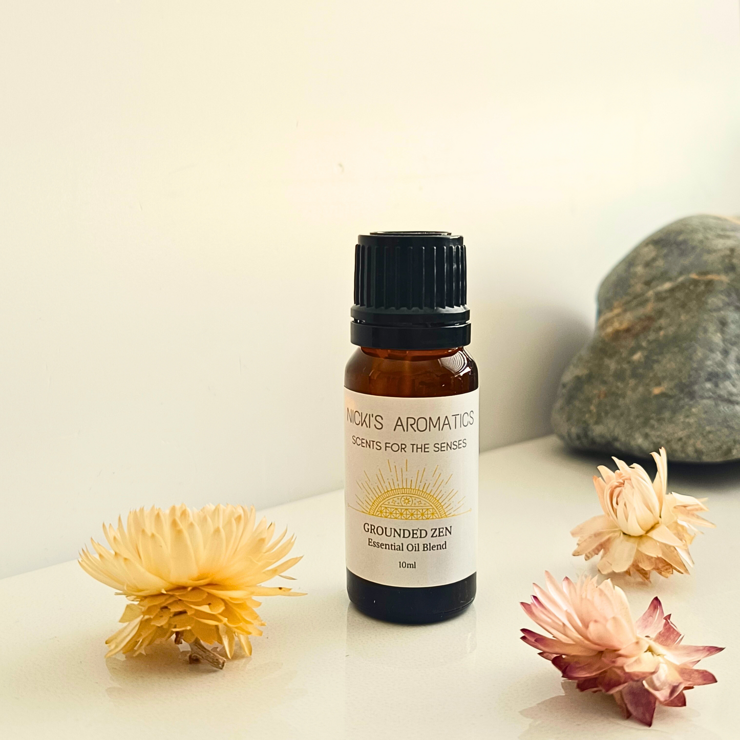 Grounded Zen yoga essential oil blend in a 10ml amber glass bottle