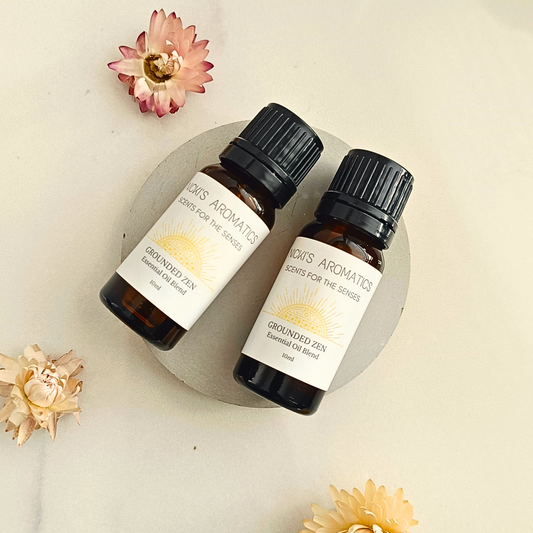 two Grounded Zen yoga essential oil blend in 10ml amber glass bottles