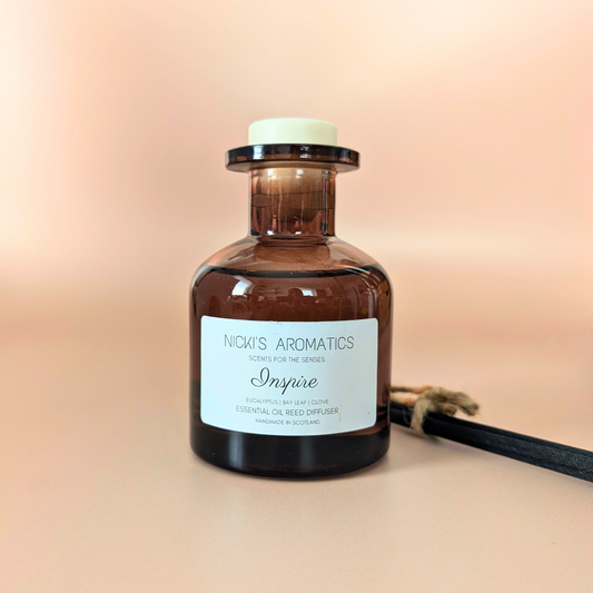 Inspire essential oil reed diffuser with eucalyptus, bay leaf and clove and black fibre reeds