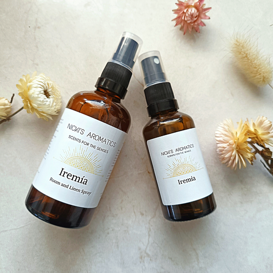 Iremia essential oil room and linen sprays in 50ml and 100m amber glass bottles