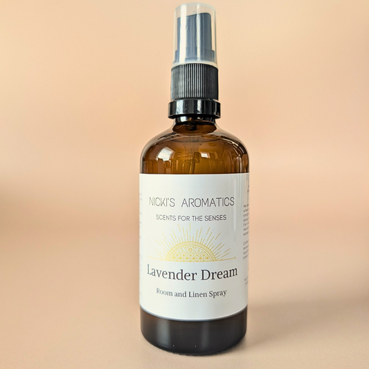 Lavender Dream natural room and linen spray with lavender, chamomile and bergamot in an amber glass bottle