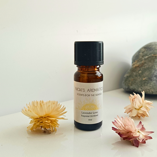 Lavender Love essential oil blend in a 10ml amber glass bottle