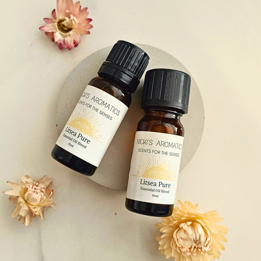 Two 10ml amber glass bottle of Litsea Pure essential oil blend
