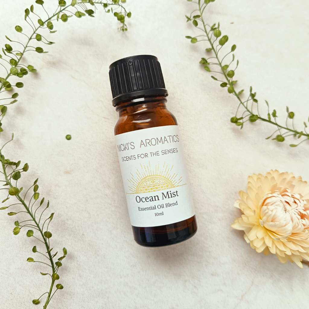 A 10ml amber glass bottle of Ocean Mist essential oil blend