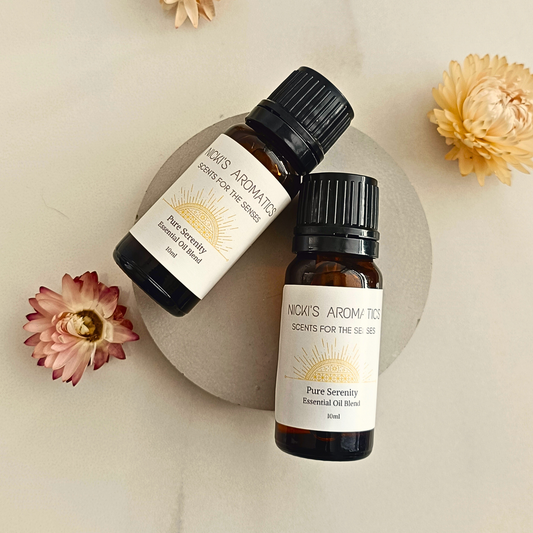 Pure Serenity essential oil blend in 10ml amber glass bottles
