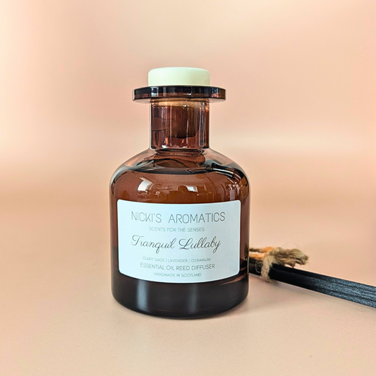 Tranquil Lullaby essential oil reed diffuser with clary sage, lavender and geranium and black fibre reeds