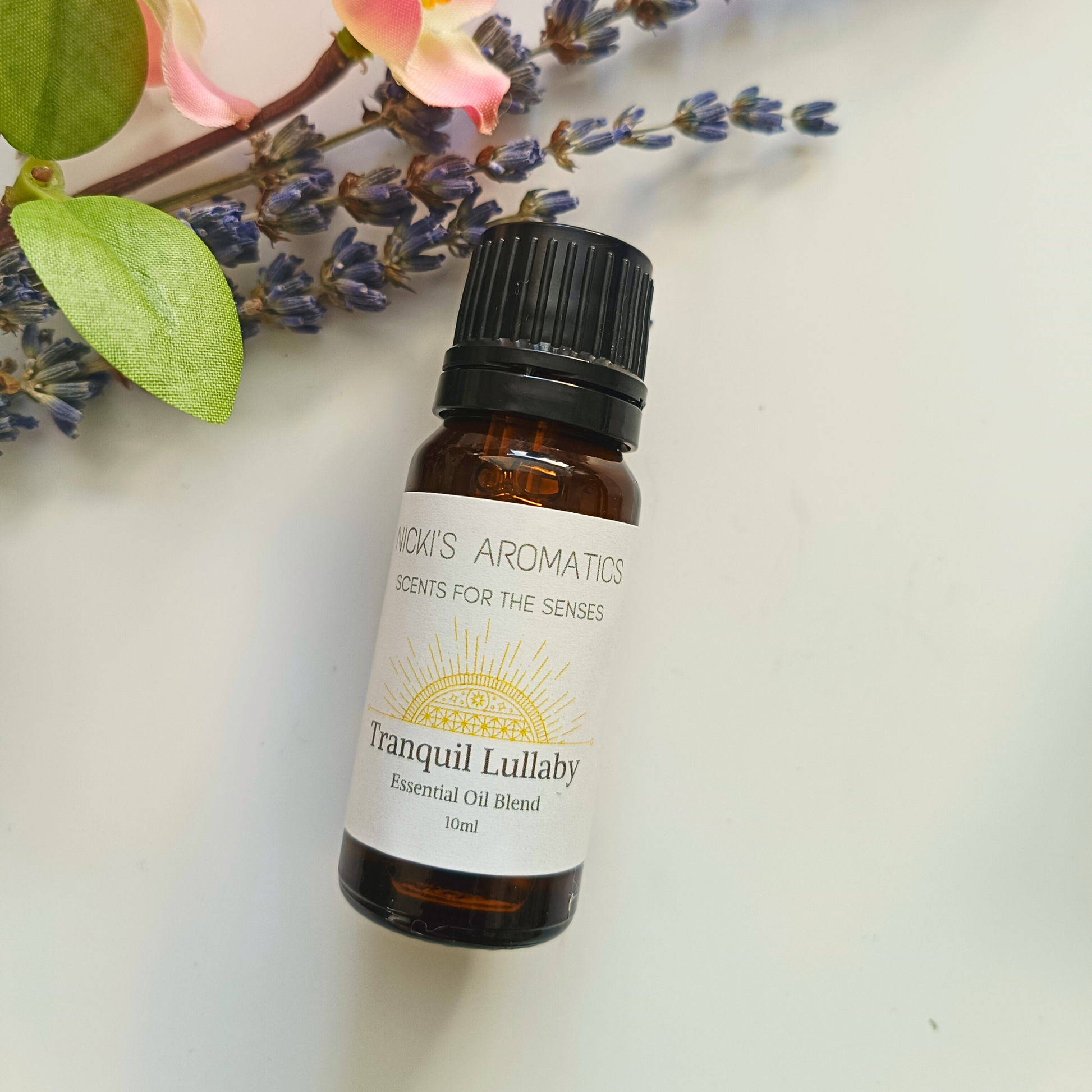 pure essential oil blend in a 10ml amber glass bottle