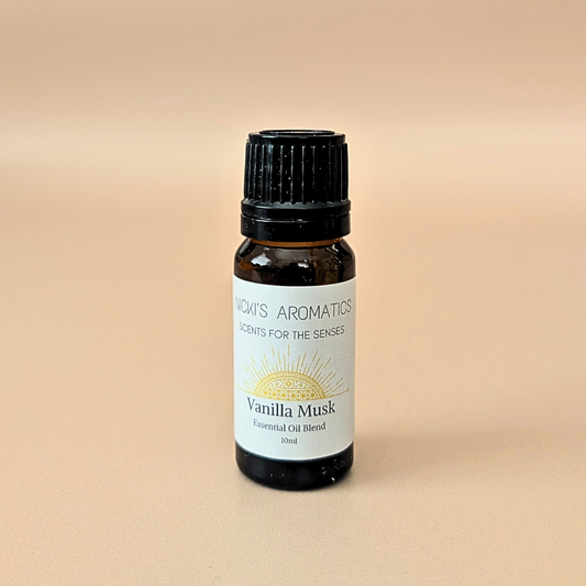 Vanilla Musk pure essential oil blend with neroli, juniper and vanilla in a 10ml amber glass bottle