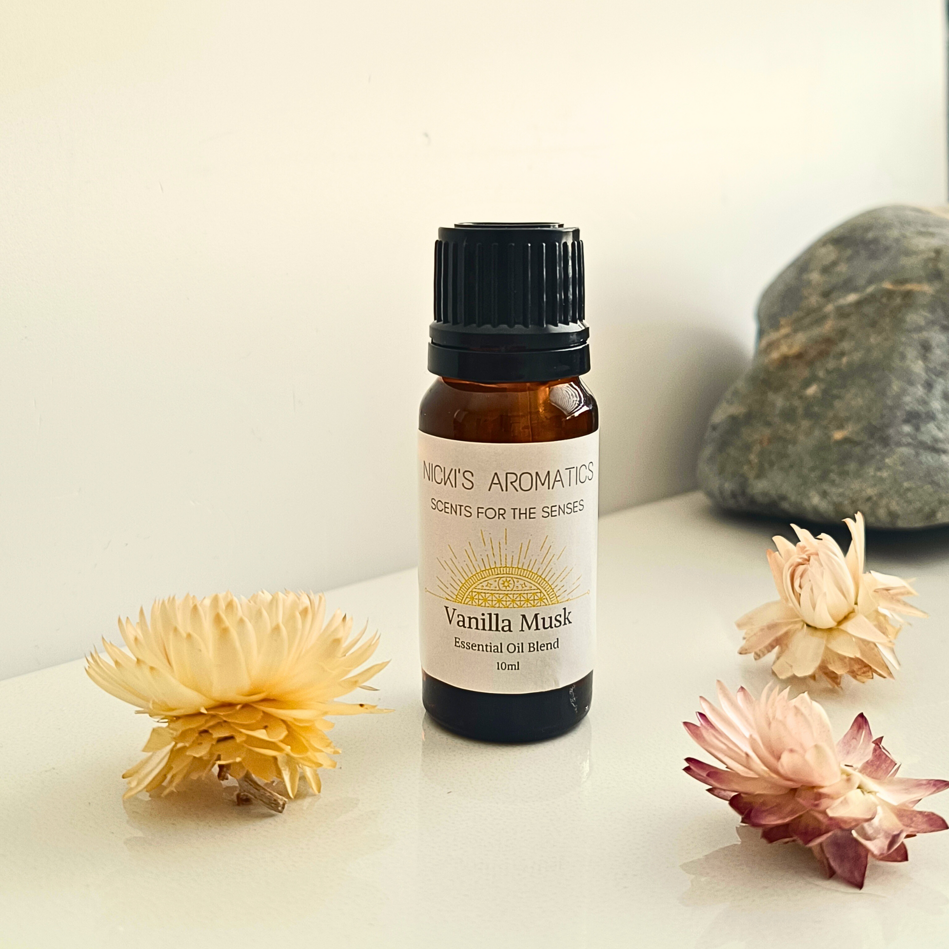 One 10ml amber glass bottle of Vanilla Musk essential oil blend