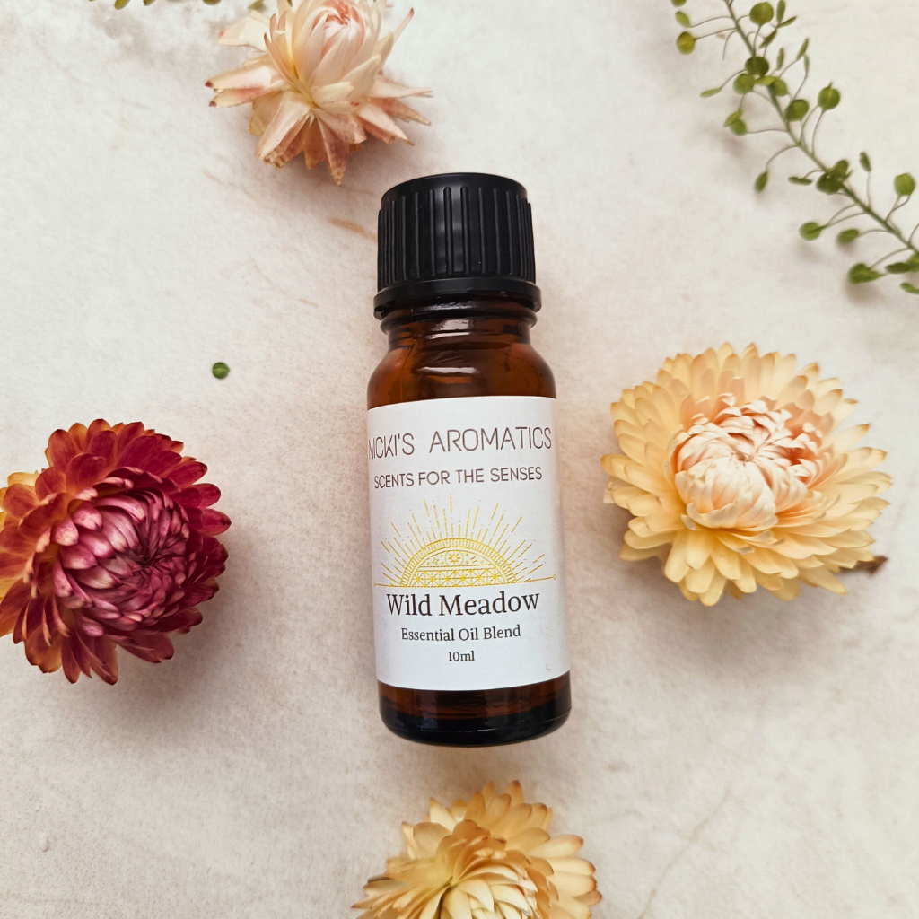 One 10ml amber glass bottle of Wild Meadow essential oil blend