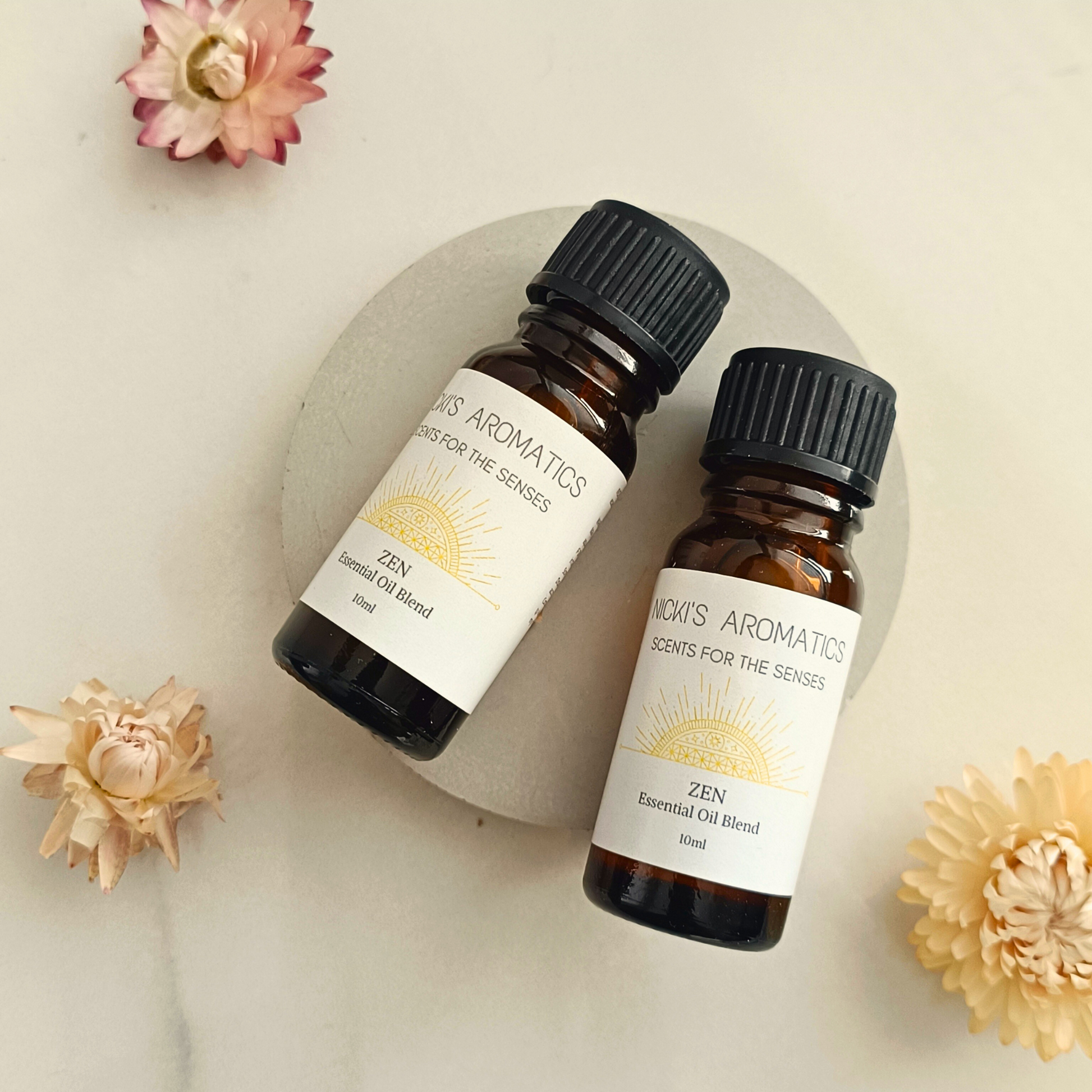 Two Zen yoga citrus essential oil blend in 10ml amber glass bottles