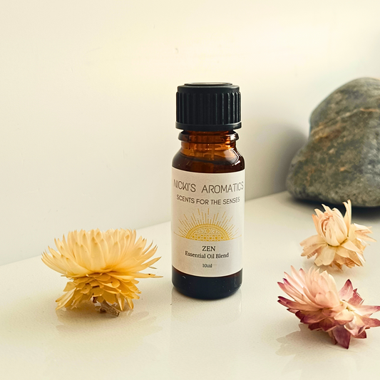 Zen yoga citrus essential oil blend in a 10ml amber glass bottle