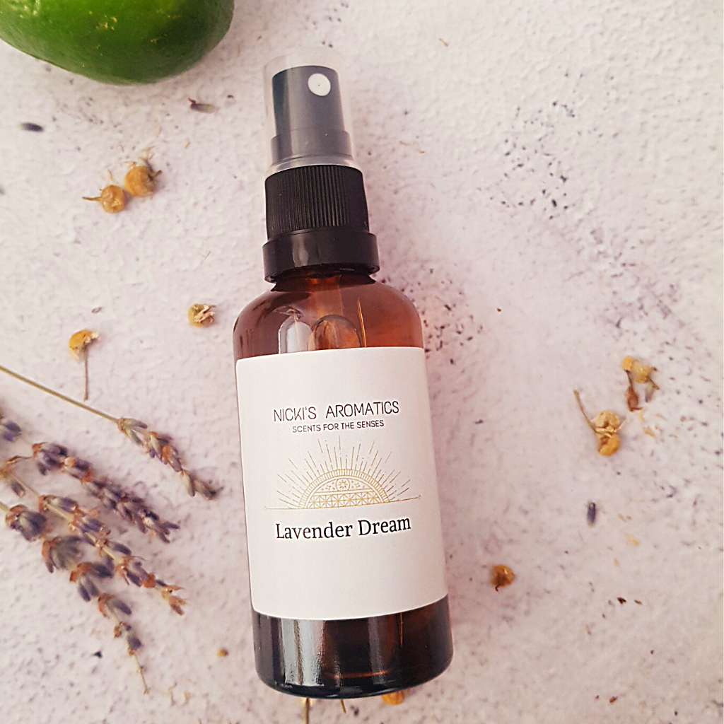 Lavender Dream room linen and pillow spray in a 50ml amber glass bottle