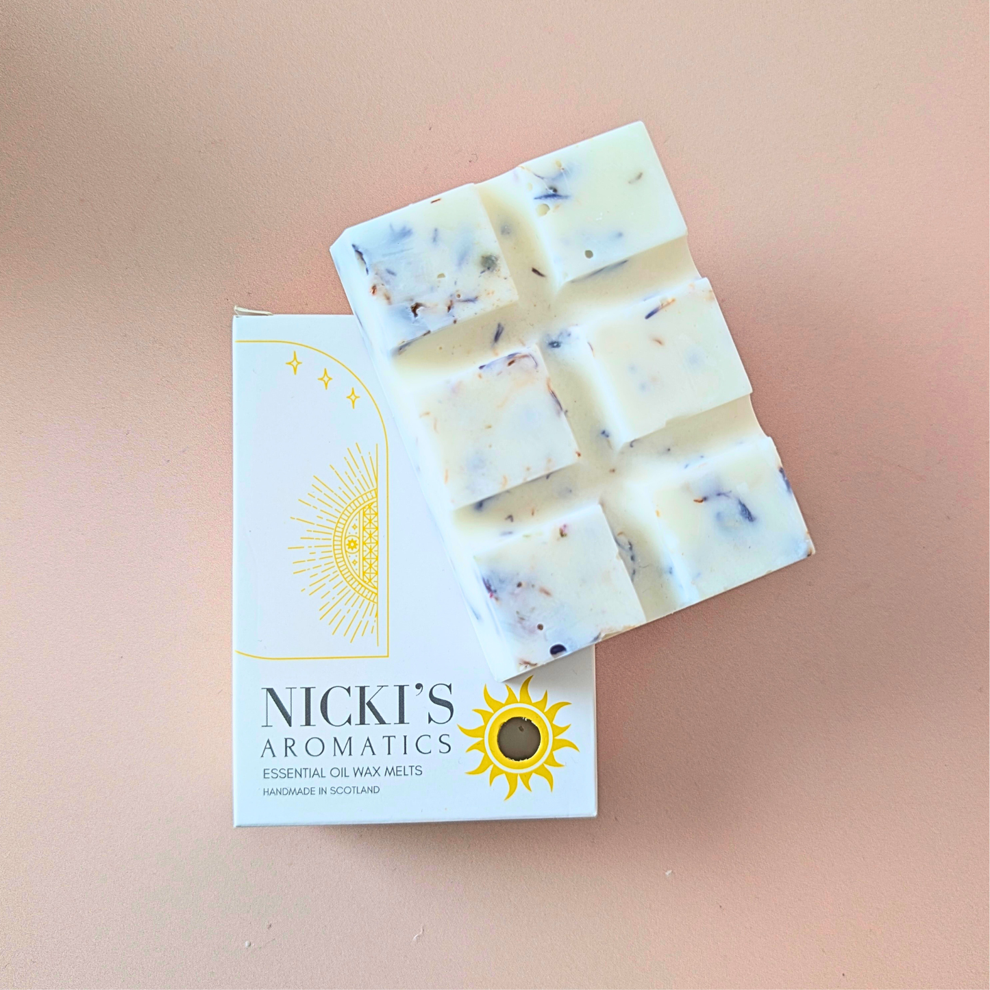 Fern Forest essential oil wax melt bar with botanical details in Nicki’s Aromatics packaging