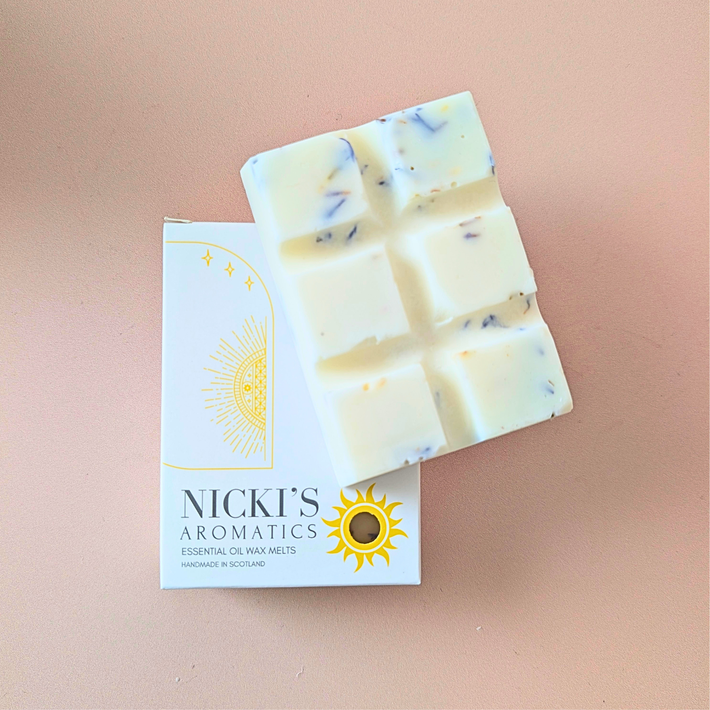 Grounded Zen essential oil wax melt bar with botanical details in Nicki’s Aromatics packaging