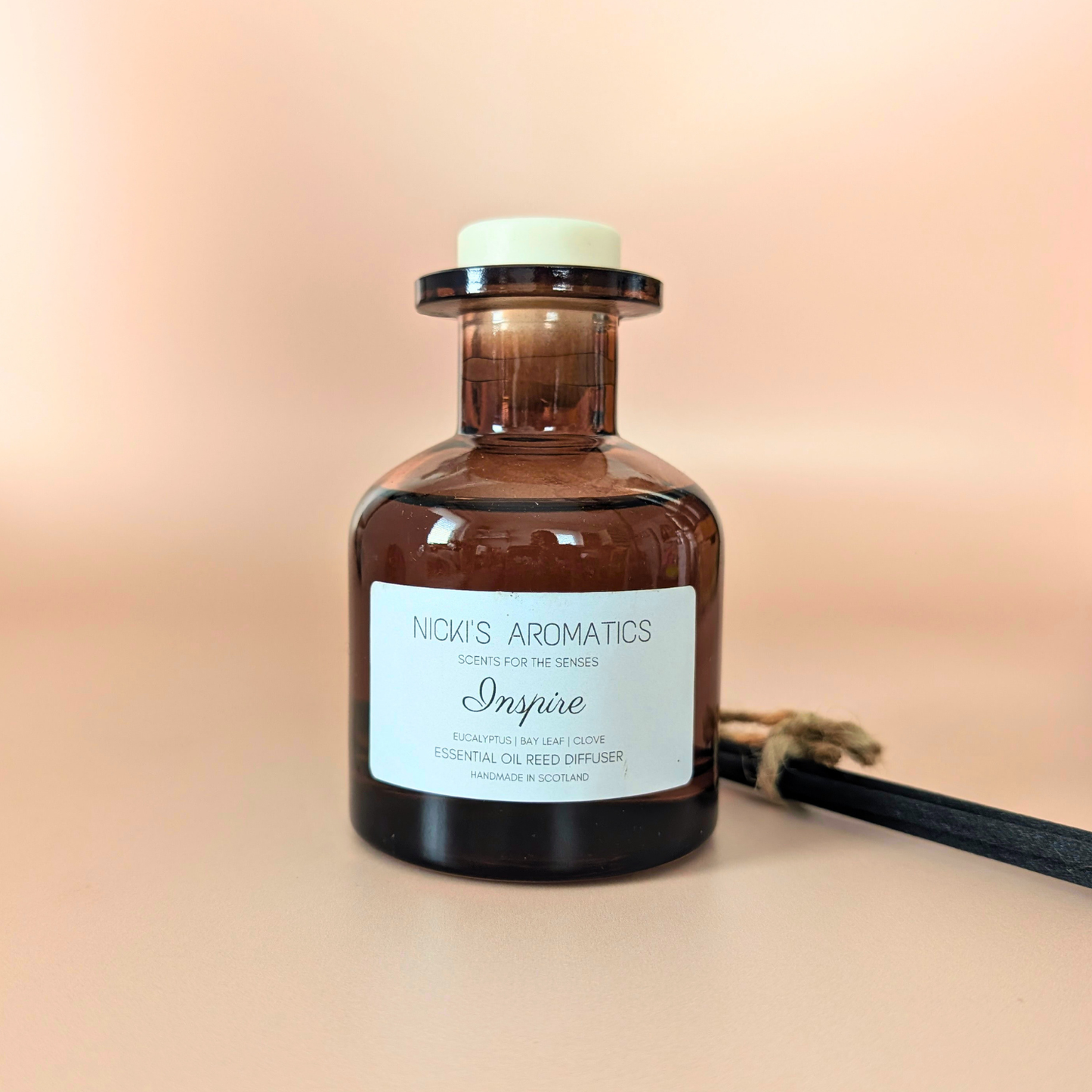 Inspire essential oil reed diffuser with eucalyptus, bay leaf and clove and black fibre reeds