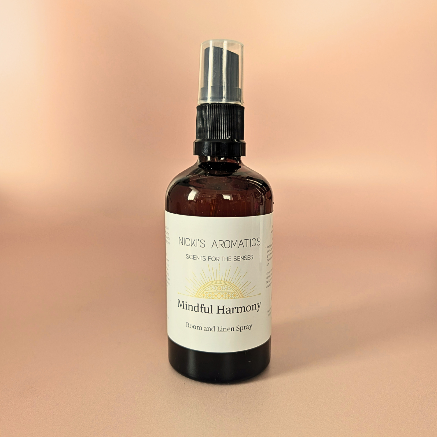 Mindful Harmony natural room and linen spray with lemongrass, sandalwood and cedarwood in an amber glass bottle