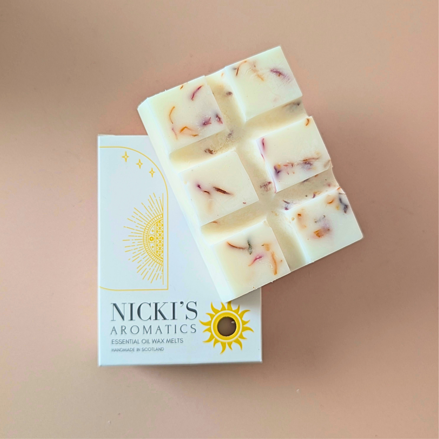 Mindful Harmony essential oil wax melt bar with botanical details in Nicki’s Aromatics packaging
