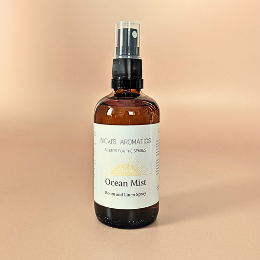 Ocean Mist natural room and linen spray with grapefruit, bergamot and jasmine in an amber glass bottle