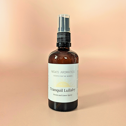 Vanilla Musk natural room and linen spray with lavender, clary sage and geranium in an amber glass bottle
